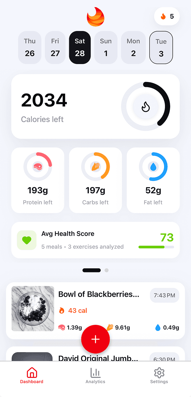 Burn app dashboard showing calories, macronutrients, and meal tracking