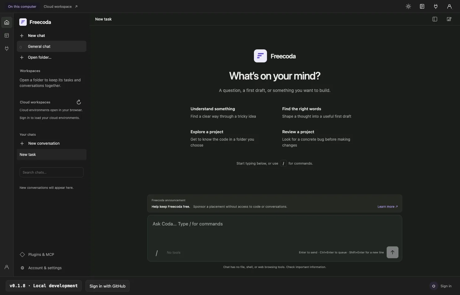 Freecoda desktop interface preview showing the conversation workspace